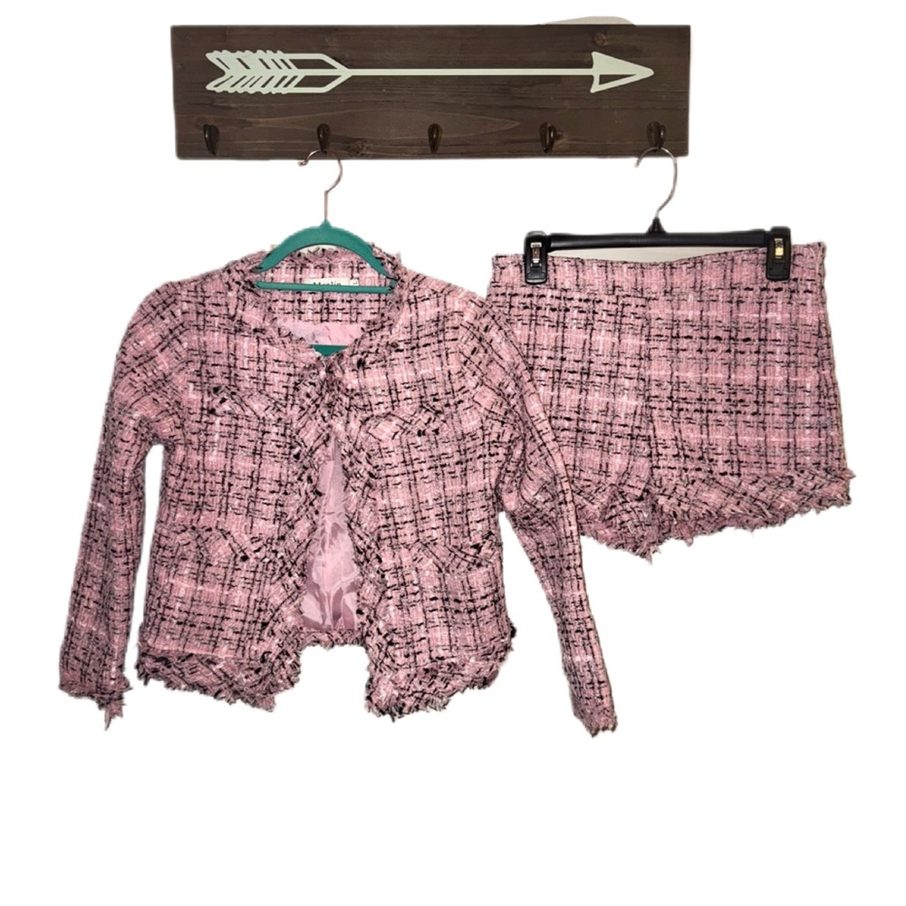 Junior Pink Plaid Tweed Blazer and Shorts Set